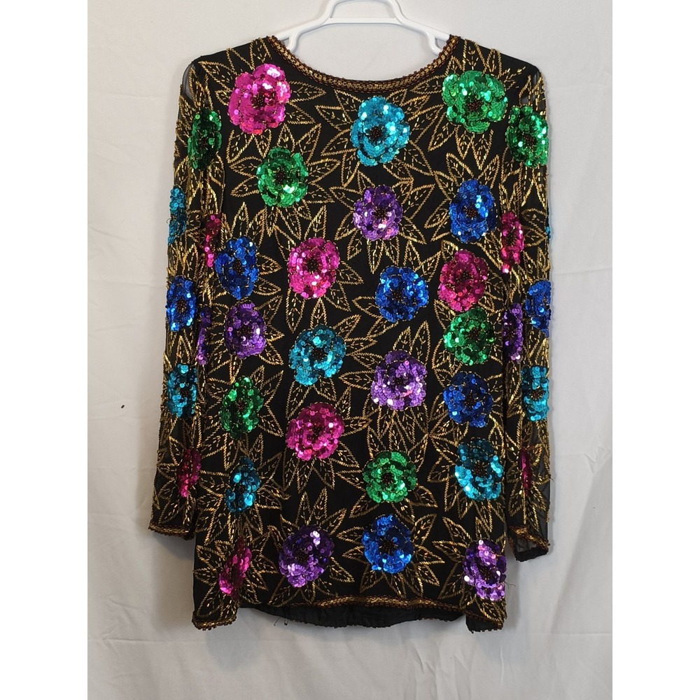 Morgan Taylor Vintage‎ Silk Beaded Sequin Evening Tunic Mini Dress Black Large